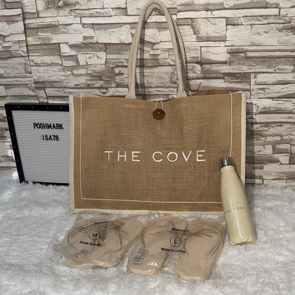 The Cove Jute Tote Bag with Cream Bottle and Beige Flip Flops his and hers